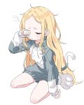  1girl absurdres animal_hood bare_legs beatrice_(re:zero) blonde_hair cat_feet cat_hood cat_tail closed_eyes cosplay fake_tail full_body furrowed_brow grey_hoodie hair_down highres hood hoodie koushin_ryo long_hair messy_hair parted_bangs paw_socks puck_(re:zero) puck_(re:zero)_(cosplay) re:zero_kara_hajimeru_isekai_seikatsu sidelocks sleepy solo tail very_long_hair white_background 