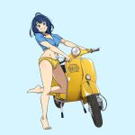  1girl artist_name bare_legs barefoot blue_background blue_eyes blue_hair blue_shirt breasts cleavage commentary cropped_shirt full_body groin highres kang_cilok&#039;s looking_at_viewer make_heroine_ga_oo_sugiru! medium_breasts medium_hair motor_vehicle motorcycle navel panties photo-referenced scooter shirt short_sleeves simple_background smile solo stomach underwear vespa yanami_anna yellow_panties 