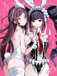  2girls ass bandaged_leg bandages bare_shoulders black_hair black_leotard breasts card celestia_ludenberg commentary_request cowboy_shot danganronpa:_trigger_happy_havoc danganronpa_(series) danganronpa_2:_goodbye_despair drill_hair earrings frilled_leotard frills fuku_sa highres holding holding_card jewelry joker_(playing_card) large_breasts leotard long_hair multiple_girls necktie parted_lips pink_background playboy_bunny playing_card purple_eyes red_eyes red_necktie thighs tsumiki_mikan twin_drills twintails twitter_username white_leotard 