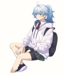  backpack bag bike_shorts black_shorts blue_eyes blue_footwear blue_hair character_request chongyun_(genshin_impact) chongyun_(gigo)_(genshin_impact) collared_shirt drawstring feet_out_of_frame genshin_impact green_skirt highres hood hood_down hoodie long_sleeves looking_away necktie plaid plaid_skirt pleated_skirt ponytail puffy_long_sleeves puffy_sleeves red_necktie shiratama_(srtm_on) shirt shoes short_shorts shorts shorts_under_skirt simple_background sitting skirt socks white_background white_hoodie white_shirt white_socks 