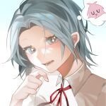  +_+ 1girl aqua_eyes aqua_hair collared_shirt colored_eyelashes commentary curtained_hair despair_(julilililili) enomoto_noa eyes_visible_through_hair fang hand_up hatsutori_hajime image_in_thought_bubble neck_ribbon open_mouth parted_bangs portrait red_ribbon ribbon saibou_shinkyoku shirt short_hair solo speech_bubble thought_bubble white_shirt 