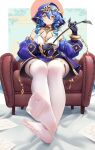  1girl absurdres armchair bare_shoulders black_gloves blue_hair blue_hood chair drill_locks elf feet foot_focus genshin_impact gloves highres layla_(genshin_impact) legs long_sleeves looking_at_viewer luai no_shoes pantyhose pointy_ears sitting soles solo toes white_pantyhose yellow_eyes 