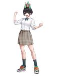  1girl ankle_socks black_eyes black_hair bob_cut bow bowtie bug chemy clenched_hands collared_shirt commentary creature creature_on_head eidenjyou1997 full_body genderswap genderswap_(mtf) grasshopper highres hopper_1 ichinose_houtarou kamen_rider kamen_rider_gotchard_(series) looking_at_viewer miniskirt open_mouth plaid_clothes plaid_skirt pleated_skirt school_uniform shirt shirt_tucked_in shoes short_hair short_sleeves simple_background skirt smile sneakers socks solo standing teeth upper_teeth_only white_background white_footwear white_shirt white_sneakers 