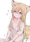  1girl animal_ear_fluff animal_ears blonde_hair commentary fox_ears fox_girl fox_tail highres in_heat long_hair mito_(go!go!king!) original shirt short_sleeves sketch sweat tail tears trembling white_shirt 