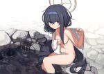  1girl bangs black_eyes black_hair blue_archive blue_hairband breasts closed_mouth commentary_request hair_between_eyes hair_censor hairband halo hand_up long_hair looking_at_viewer medium_breasts nanana_narang nude onsen sitting soaking_feet solo towel ui_(blue_archive) very_long_hair water waterfall wet 