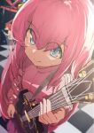  2girls absurdres blue_eyes blurry blurry_background bocchi_the_rock! character_request checkered_floor closed_mouth depth_of_field electric_guitar from_above guitar highres hitori_bocchi instrument jacket long_hair long_sleeves looking_at_viewer looking_up multiple_girls music pink_hair pink_jacket playing_instrument smile stage sweat t.k.c track_jacket very_long_hair 