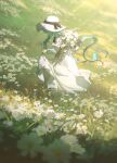  1girl absurdres blue_hair bouquet dress field flower flower_field hat hatsune_miku highres holding holding_bouquet konya_karasue long_hair long_sleeves outdoors twintails vocaloid walking white_dress white_flower 