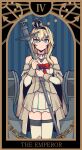  1girl absurdres bangs blonde_hair blue_hair braid breasts card_(medium) cleavage crown dress french_braid highres holding holding_scepter jewelry kantai_collection long_hair long_sleeves mini_crown necklace off-shoulder_dress off_shoulder rigging rirashi scepter smile solo tarot the_emperor_(tarot) warspite_(kancolle) 