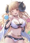  1girl ;d absurdres anila_(granblue_fantasy) bangs bare_shoulders bikini blonde_hair blunt_bangs blush breasts brown_eyes cleavage collarbone cowboy_shot detached_sleeves frilled_bikini frills granblue_fantasy highres horns large_breasts long_hair long_sleeves looking_at_viewer navel niccoriii one_eye_closed open_mouth red_ribbon ribbon simple_background smile solo stomach swimsuit very_long_hair white_background white_bikini wide_sleeves 