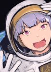  1girl :d arm_up astronaut bangs commentary ear_covers earth_(planet) gloves gold_ship_(umamusume) hand_up highres planet pun purple_eyes purple_hair smile solo space space_helmet spacesuit star_(sky) umamusume v-shaped_eyebrows vent_arbre white_gloves 