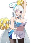  1girl :d alternate_costume aqua_hair arm_up armpits bangs black_pantyhose blue_archive blunt_bangs breasts cheerleader cleavage collarbone commentary_request cosplay detached_collar grin halo headgear hibiki_(blue_archive) hibiki_(blue_archive)_(cosplay) hibiki_(cheerleader)_(blue_archive) highres holding holding_pom_poms long_hair looking_at_viewer navel noa_(blue_archive) pantyhose pleated_skirt pom_pom_(cheerleading) purple_eyes sidelocks simple_background skirt sleeveless smile solo stomach sweat thershr6s white_background 