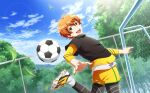  1boy aoi_yusuke ball black_shirt blue_sky cloud fingernails hair_between_eyes highres idolmaster idolmaster_side-m idolmaster_side-m_live_on_stage! male_focus official_art open_mouth orange_eyes orange_hair shirt shoelaces shoes sky smile sneakers soccer_ball socks teeth tree undershirt upper_teeth white_socks 