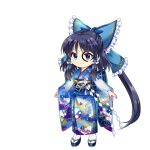  1girl a-pose alternate_color alternate_costume animal_print black_hair blue_bow blue_kimono bow chibi closed_mouth drawing_on_another's_face egasumi fish_print flower frilled_bow frilled_hair_tubes frills furisode game_cg gohei hagoita hair_bow hair_tubes hakurei_reimu hakurei_reimu_(god-summoning_shaman) highres japanese_clothes kadomatsu kimono long_hair long_sleeves obi obiage obijime official_art okobo paddle petal_print platform_sandals print_kimono rotte_(1109) sandals sash smile sprite third-party_source touhou touhou_lostword white_flower wide_sleeves yin_yang yin_yang_print 