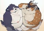  2022 anthro belly big_belly blush canid canine canis cervid clothing domestic_dog duo eyes_closed harima hat headgear headwear hi_res kazusa kemono male male/male mammal moobs nipples overweight overweight_male quanjiang tamacolle towel 