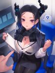  !? 1boy 1girl asymmetrical_horns black_hair black_scarf black_skirt blue_hair bra_visible_through_clothes breasts chair cleavage colored_inner_hair computer_keyboard demon_horns desk dress_shirt earrings fingernails floating_earring flower forehead from_above hashtag-only_commentary high-waist_skirt highres holding holding_notepad holding_pen hololive hololive_english horn_flower horns indoors jacket jacket_on_shoulders jewelry kutori_pan&#039;ya lapels large_breasts light_blush looking_at_viewer mole mole_under_eye monitor multicolored_hair necklace nerissa_ravencroft nerissa_ravencroft_(casual) notepad office_chair office_lady official_alternate_costume official_alternate_hairstyle open_mouth pankura pen pencil_skirt plaid_clothes plaid_scarf pointing purple_eyes red_nails ring scarf shirt shirt_tucked_in short_hair signature sitting skirt skirt_suit solo suit suit_jacket swivel_chair two-sided_fabric two-sided_jacket virtual_youtuber white_shirt 