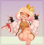  1girl :d barefoot black_gloves crown feet fingerless_gloves foot_out_of_frame gloves gold_dress gradient_hair inkling invisible_chair jacket little123blood long_sleeves multicolored_hair pale_skin pearl_(damp_socks_feat._off_the_hook)_(splatoon) pearl_(splatoon) pink_hair raised_eyebrow short_eyebrows simple_background sitting smile soles solo splatoon_(series) splatoon_3 star-shaped_pupils star_(symbol) symbol-shaped_pupils tentacle_hair thick_eyebrows tinted_eyewear toes white_hair white_jacket yellow_eyes 
