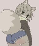  anthro big_butt black_eyes bottomwear butt canid canine canis clothed clothing cutoffs denim denim_clothing female fur grey_body grey_fur grey_hair hair hi_res hoodie kemono looking_back mammal mikeyama rear_view shorts simple_background solo topwear wolf 