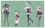  4girls :d ^_^ animal_ears animal_hat animal_hood bare_shoulders black_capelet black_dress black_footwear black_gloves black_hair black_hairband black_headwear black_leotard blonde_hair blue_hair blush boots bottle capelet closed_eyes closed_mouth collarbone dress elbow_gloves eula_(genshin_impact) fake_animal_ears fischl_(genshin_impact) fishnet_thighhighs fishnets frilled_dress frilled_leotard frills fur-trimmed_capelet fur-trimmed_hood fur_trim genshin_impact gloves green_background green_eyes grey_thighhighs hairband hand_on_hip hat heart heart_background high_heel_boots high_heels highres holding holding_bottle holding_tray hood hood_up hooded_capelet klee_(genshin_impact) leotard long_hair mona_(genshin_impact) multiple_girls pointy_ears shiratama_(srtm_on) smile standing standing_on_one_leg strapless strapless_leotard thigh_boots thighhighs thighhighs_under_boots tray twintails two_side_up very_long_hair white_thighhighs witch_hat 