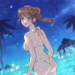  1girl ass bangs bikini blue_eyes brown_hair commentary_request covered_nipples crescent_moon floral_print from_behind highres hikawa20 long_hair looking_to_the_side moon night night_sky original outdoors parted_lips ponytail print_bikini sidelocks sky solo sparkle star_(sky) starry_sky swimsuit teeth upper_teeth water 