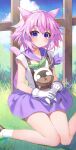  1girl animal animal_ears binato_lulu blush breasts cat_ears cat_girl cat_tail gloves hair_between_eyes hair_ornament highres looking_at_viewer neptune_(neptune_series) neptune_(series) pink_hair purple_eyes purple_hair purple_skirt short_hair sitting skirt small_breasts solo tail white_gloves 