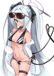  1girl bangs belt bikini black_bikini blue_archive bow breasts choker cleavage collarbone commentary_request demon_girl demon_tail eyewear_on_head grey_hair hair_bow hair_over_one_eye hair_ribbon halo highres iori_(blue_archive) iori_(swimsuit)_(blue_archive) kiomota long_hair looking_at_viewer navel panties pointy_ears red_eyes ribbon side-tie_panties sidelocks simple_background sleeveless solo stomach sunglasses swimsuit tail thighlet twintails underwear white_background 