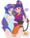 3girls animal_ears aono_miki asahina_mirai blonde_hair blue_leotard blush breasts cat_ears cat_tail fresh_precure! hagihara_riku hair_ornament hairband highres izayoi_liko leotard long_hair mahou_girls_precure! mahou_girls_precure!!_~mirai_days~ medium_breasts multiple_girls open_mouth paw_pose precure purple_eyes purple_hair science_fiction tail 