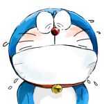  1:1 2020 absurd_res anthro bell blue_body blue_fur blush bodily_fluids collar domestic_cat doraemon doraemon_(character) eyes_closed face_mask felid feline felis front_view fur hi_res machine male mammal mt_tg red_collar red_nose robot shaded simple_background solo standing sweat whiskers white_background white_body white_fur 