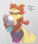  &lt;3 2022 anthro biped book bottomwear breasts cleavage clothed clothing collar delphox digital_media_(artwork) english_text eyewear female fur generation_6_pokemon glasses hair hi_res holding_book holding_object inner_ear_fluff maya_del_phox nintendo open_mouth open_smile pants pokemon pokemon_(species) red_body red_fur red_hair red_inner_ear_fluff round_glasses smile solo text tuft video_games white_body white_fur yellow_body yellow_eyewear yellow_fur yellow_glasses zerofox1000 