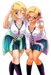  2girls :d ;d black_socks blonde_hair blue_eyes blue_skirt breast_pocket breasts cleavage clothes_around_waist commentary_request cover_image crossed_legs feet_out_of_frame glasses gradient_hair green_sweater grin gyaru hair_ornament hand_on_another's_shoulder hand_on_own_knee hand_up highres inukai_koharu kuzuryuu_hanako large_breasts leaning_forward long_hair multicolored_hair multiple_girls necktie official_art one_eye_closed open_mouth orange_eyes pink_scrunchie pink_sweater pocket salute school_uniform scrunchie short_hair simple_background skirt smile socks sogabe_toshinori standing striped_necktie sweater sweater_around_waist tan two-finger_salute v white_background yankee_jk_kuzuhana-chan 