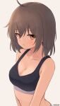  1girl ahoge black_bra bra breasts brown_hair centi_mnkt cleavage closed_mouth collarbone cowboy_shot from_side grey_background haruka_(centi_mnkt) highres looking_at_viewer medium_breasts orange_eyes original pout short_hair sidelocks simple_background solo training_bra twitter_username underwear underwear_only 