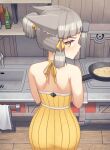  1girl alten alternate_costume alternate_hairstyle animal_ears ass cat_ears cooking dress facial_mark from_behind frying_pan grey_hair hair_ribbon highres kitchen looking_at_viewer looking_back nia_(xenoblade) pantylines ponytail ribbon short_hair short_ponytail sink solo stove whisker_markings xenoblade_chronicles_(series) xenoblade_chronicles_2 yellow_eyes 