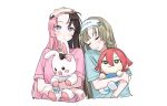  2girls blue_eyes blue_shirt brown_hair cattleya_regina_games closed_eyes cropped_torso crossed_arms drooling green_hair hanabusa_lisa hanada_ten highres holding holding_stuffed_toy inazuma_eleven_(series) iris_black_games kiyama_hiroto leaning_on_person light_blush long_hair multicolored_hair multiple_girls parted_lips pink_hair pink_shirt pointy_hair scrunchie shirt short_sleeves sleep_mask sleeping split-color_hair stuffed_toy t-shirt tachibana_hinano tachibana_hinano_(5th_costume) two-tone_hair virtual_youtuber vspo! white_background wrist_scrunchie 