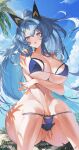  1girl absurdres bikini blue_bikini blue_eyes blue_hair blue_sky breast_lift covered_nipples covering_privates day feet_out_of_frame goddess_of_victory:_nikke helm_(aqua_marine)_(nikke) helm_(nikke) highres light_blush long_hair nike_(nike1060) official_alternate_costume outdoors palm_leaf panties panty_pull sitting sky solo swimsuit underwear very_long_hair 