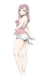  1girl bangs bare_arms bare_legs bracelet brown_eyes brown_hair from_side grey_shorts grin highres jewelry long_hair looking_at_viewer mole mole_under_eye pink_shirt relaxjon shirt short_shorts shorts simple_background sketch sleeveless sleeveless_shirt smile solo standing straight_hair suga_natsumi swept_bangs tenki_no_ko white_background 
