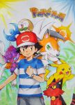  1boy ash_ketchum black_hair brown_eyes clenched_hand closed_mouth commentary_request glint grey_pants hat lycanroc lycanroc_(dusk) male_focus marker_(medium) on_head pants pikachu poipole pokemon pokemon_(anime) pokemon_(creature) pokemon_on_head pokemon_sm_(anime) red_hat rowlet shirt short_hair short_sleeves smile striped_clothes striped_shirt t-shirt torracat traditional_media z-ring zao_(beans-alliance) 