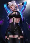  1girl arms_up bangs black_thighhighs blue_eyeshadow breasts claws commission cropped_jacket evelynn_(league_of_legends) eyeshadow garter_straps jacket k/da_(league_of_legends) league_of_legends long_hair looking_at_viewer makeup medium_breasts nixri open_clothes open_jacket red_lips skirt solo the_baddest_evelynn thighhighs white_hair yellow_eyes 
