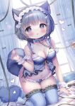  1girl animal_ears babydoll bell black_hair black_ribbon blue_babydoll blue_collar blue_eyes blue_hair blue_panties blue_theme blue_thighhighs blush breasts chain chain_leash cleavage collar commentary_request condom curtains fang frilled_thighhighs frilled_wrist_cuffs frills hair_ornament hairclip hand_up heart heart-shaped_pupils heart_hair_ornament highres holding holding_condom indoors kneeling leash lingerie multicolored_hair navel neck_bell on_bed open_mouth original panties ribbon sex_toy short_hair skin_fang smile solo_focus split-color_hair squirrel_ears squirrel_girl squirrel_tail symbol-shaped_pupils tail thighhighs tsukimi_mumi two-tone_hair underwear vibrator window wing_hair_ornament wrist_cuffs 