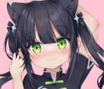  1girl animal_ears bangs black_hair blue_archive blunt_bangs chinese_clothes eyes_visible_through_hair green_eyes hair_ornament ikazu401 looking_at_viewer short_sleeves shun_(blue_archive) shun_(small)_(blue_archive) sidelocks simple_background smile solo tiger_ears tiger_girl twintails 