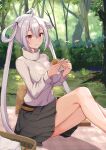  1girl absurdres black_skirt bush eating forest grey_hair grey_sweater hair_rings highres long_hair long_sleeves looking_at_viewer matoi_(pso2) nature outdoors phantasy_star phantasy_star_online_2 picnic picnic_basket picnic_blanket pleated_skirt red_eyes rgrey00 skirt solo sweater tree turtleneck turtleneck_sweater twintails 