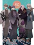  4boys :d absurdres ahoge aqua_background asa_no_ha_(pattern) barbell_piercing black_boots black_gloves black_scarf black_shoes black_socks blue_coat blue_eyes boat boots brown_eyes brown_hair brown_hat brown_kimono brown_sandals brown_sash chain closed_mouth coat collared_coat commentary crossed_arms crossed_bangs ear_piercing earrings facepaint fang fedora floral_print fur-trimmed_jacket fur_trim fuwa_minato geta gloves gold_chain gradient_clothes gradient_hakama green_eyes grey_hair grey_hakama grey_haori grey_kimono hagoita hair_between_eyes hakama hakama_skirt hand_up hands_up haori happy_new_year hat high_heel_boots high_heels highres holding holding_hat holding_paddle holding_stuffed_toy holding_unworn_clothes industrial_piercing jacket jacket_on_shoulders japanese_clothes jewelry kagami_hayato kaida_haru kenmochi_touya kimono long_sleeves looking_at_viewer male_focus mismatched_earrings multicolored_hair multiple_boys nijisanji obi obijime open_clothes open_mouth paddle parted_bangs piercing pink_hair plaid_clothes plaid_kimono print_hakama purple_eyes purple_hair purple_jacket purple_kimono rof-mao rope sandals sash saw_(dtn_error) scarf seigaiha sheath sheathed shirt shoes short_hair skirt smile socks streaked_hair stuffed_animal stuffed_rabbit stuffed_toy sweat sword symbol-only_commentary tabi tassel tassel_earrings teeth upper_teeth_only virtual_youtuber water watercraft waves weapon white_hakama white_haori white_shirt white_socks wide_sleeves zouri 