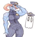  1boy 1girl blush breasts cerebro_podrido deltarune fingernails fins hat head_fins highres large_breasts long_hair looking_at_viewer muscular muscular_female napstablook orange_hair police police_badge police_hat police_uniform policewoman ponytail sharp_fingernails sharp_teeth simple_background sleeveless teeth undyne white_background 