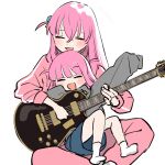  2girls blush bocchi_the_rock! closed_eyes cube_hair_ornament electric_guitar gotou_futari gotou_hitori grey_sweater guitar hair_between_eyes hair_cubes hair_ornament highres instrument jacket long_hair multiple_girls music okanadamo one_side_up open_mouth pants pink_hair pink_jacket pink_pants playing_instrument siblings simple_background sisters sitting sitting_on_lap sitting_on_person sketch skirt smile socks sweater track_jacket track_suit white_background 