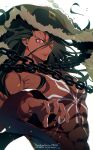  1boy alcides_(fate) black_hair body_markings chain closed_mouth colored_skin expressionless fate/strange_fake fate_(series) highres long_hair looking_at_viewer male_focus meiji_ken muscular muscular_male red_eyes red_skin simple_background solo upper_body white_background 