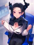  1girl asymmetrical_horns black_hair black_scarf black_skirt blue_hair breasts chair cleavage colored_inner_hair computer_keyboard demon_horns desk dress_shirt earrings fingernails floating_earring flower forehead from_above hashtag-only_commentary high-waist_skirt highres holding holding_notepad holding_pen hololive hololive_english horn_flower horns indoors jacket jacket_on_shoulders jewelry kutori_pan&#039;ya lapels large_breasts light_blush looking_at_viewer mole mole_under_eye monitor multicolored_hair necklace nerissa_ravencroft nerissa_ravencroft_(casual) notepad office_chair office_lady official_alternate_costume official_alternate_hairstyle open_mouth pen pencil_skirt plaid_clothes plaid_scarf purple_eyes red_nails ring scarf shirt shirt_tucked_in short_hair signature sitting skirt skirt_suit solo suit suit_jacket swivel_chair two-sided_fabric two-sided_jacket virtual_youtuber white_shirt 
