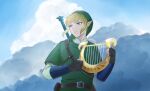  1boy absurdres armor belt black_gloves blue_eyes chainmail cloud day gloves green_headwear harp highres instrument kana_(kkk021109) link male_focus outdoors pointy_ears sidelocks solo the_legend_of_zelda the_legend_of_zelda:_skyward_sword tunic upper_body 