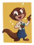 2022 3:4 4_fingers anthro apron artist_name brown_body brown_fur clothed clothing countershade_face countershading digital_drawing_(artwork) digital_media_(artwork) disney disney+ dress_shirt elibear eyewear female female_(lore) fingers fur glasses green_eyes hi_res holding_object lutrine mammal mustelid necktie notebook open_mouth open_smile sam_(zootopia+) shirt simple_background smile solo teeth tongue topwear twinkle waist_apron writing_utensil zootopia zootopia+ 