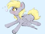  blonde_hair blue_background bubble cutie_mark derpy_hooves_(mlp) digital_media_(artwork) equid equine eyebrows eyelashes feathered_wings feathers female feral freckles friendship_is_magic grey_body grey_feathers hair hasbro hooves mammal my_little_pony pegasus simple_background underhoof wings woollyart yellow_eyes yellow_tail 