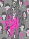  1boy alternate_costume blood blood_on_clothes danganronpa_(series) danganronpa_v3:_killing_harmony gloves green_eyes highres holding holding_sickle holding_weapon jacket long_hair long_sleeves mask mouth_mask open_clothes open_jacket pants pink_blood shinguji_korekiyo shirt solo spoilers spot_color standing usukuchi_(hagi) weapon 