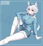  1girl aila_paivikki_linnamaa animal_ears blue_background blue_jacket blue_necktie blush boots breasts gloves hat highres hiroshi_(hunter-of-kct) jacket large_breasts luminous_witches military_hat necktie pantyhose simple_background sitting solo tail white_boots white_gloves white_hair white_pantyhose wolf_ears wolf_girl wolf_tail world_witches_series yellow_eyes 