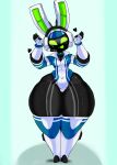 5_fingers absurd_res anonymous_artist anthro armor breasts cleavage clothed clothing electronics female fingers green_eyes green_inner_ear green_tongue headgear headphones headset headset_microphone headwear heart_symbol helmet hi_res huge_hips huge_thighs lagomorph leporid machine mammal project_turboblast rabbit robot screen screen_face simple_background small_waist solo standing tempo_(project_turboblast) thick_thighs tongue tongue_out white_ears wide_hips